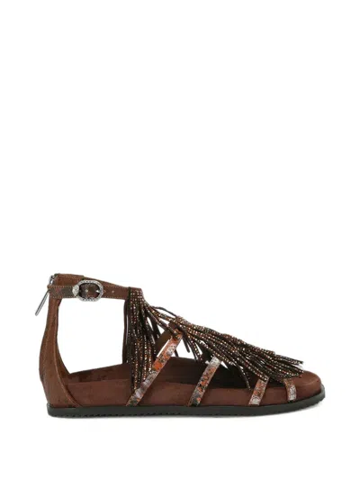 Kurt Geiger Fringe-trimmed Snakeskin-effect Sandals In Brown