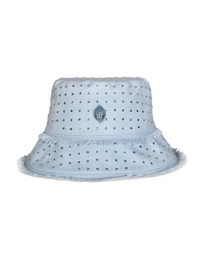 Kurt Geiger Heavy Washed Canvas & Crystal Bucket Hat In Blue