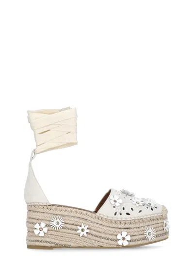 Kurt Geiger Ivory Suede Leather Flower Wedges In Open White