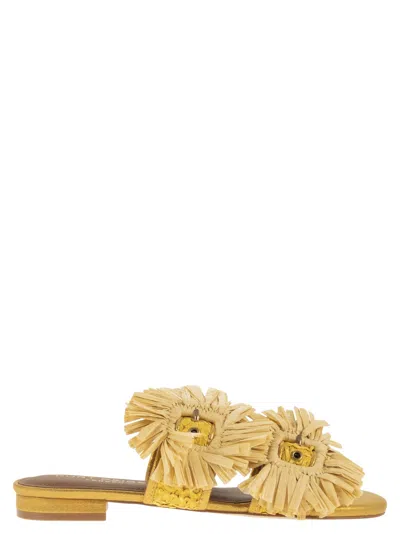 Kurt Geiger Jewel Flat Sandals In Raffia With Floral Embellishments In Yellow
