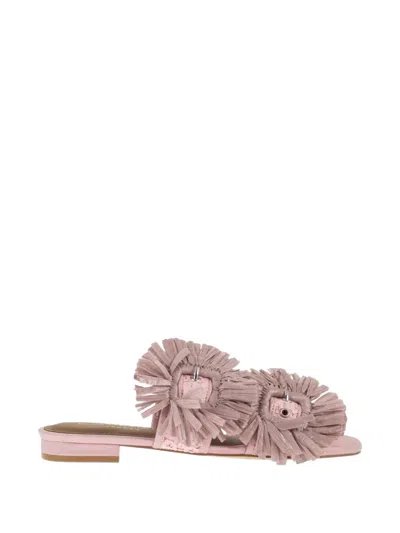 Kurt Geiger London Jewel Flat Sandals In Raffia With Floral Embellishments In Pink