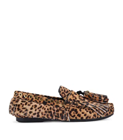 Kurt Geiger Leather Leopard Fringe Moccasins In Brown/oth