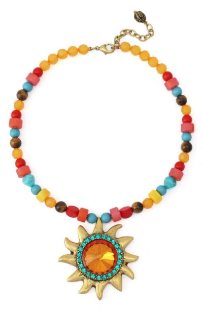 Kurt Geiger London Beaded Pavé Sun Pendant Collar Necklace In Multi