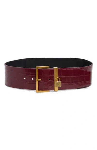 Kurt Geiger London Brixton Croc Embossed Leather Belt In Burgundy