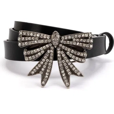 Kurt Geiger London Crystal Bow Buckle Leather Belt In Black/antique Silver Clear