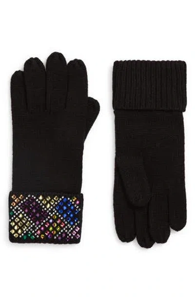 Kurt Geiger London Crystal Embellished Basketweave Gloves In Black