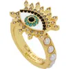 Kurt Geiger London Crystal Evil Eye Cocktail Ring In Pearl/yellow Gold