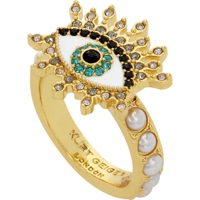 Kurt Geiger London Crystal Evil Eye Cocktail Ring In Pearl/yellow Gold