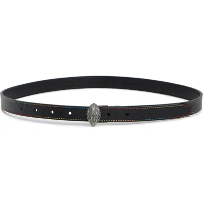 Kurt Geiger London Eagle Buckle Saffiano Leather Belt In Black/antique Silver