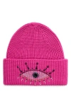 Kurt Geiger London Embellished Evil Eye Beanie In Fuchsia