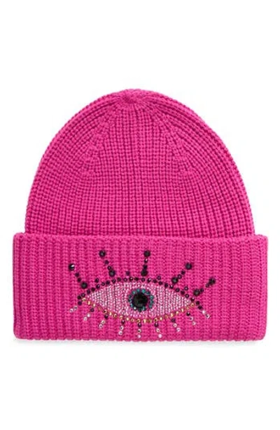 Kurt Geiger London Embellished Evil Eye Beanie In Fuchsia