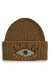 Kurt Geiger Beaded Evil Eye Beanie In Khaki