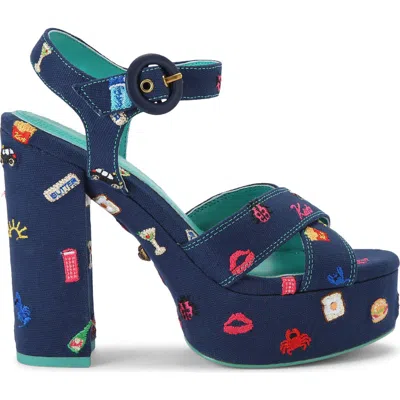 Kurt Geiger London Embroidery Platform Sandal In Blue