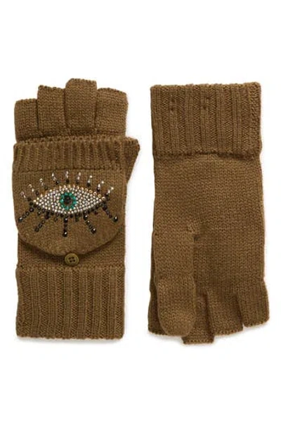 Kurt Geiger London Evil Eye Convertible Crystal Embellished Mittens In Khaki