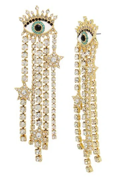 Kurt Geiger London Evil Eye Crystal Chain Fringe Earrings In Gold/crystal