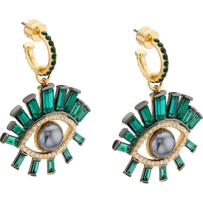 Kurt Geiger London Faux Pearl Evil Eye Drop Huggie Hoop Earrings In Green