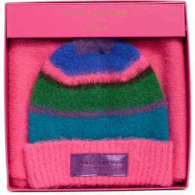 Kurt Geiger London Fuzzy Striped Beanie & Scarf Set In Multi