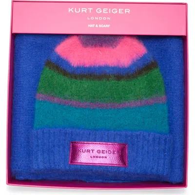 Kurt Geiger London Fuzzy Striped Beanie & Scarf Set In Blue