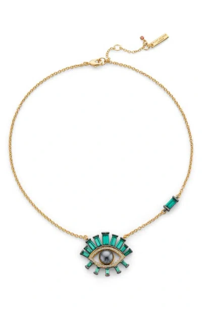 Kurt Geiger London Imitation Pearl Eye Pendant Necklace In Green