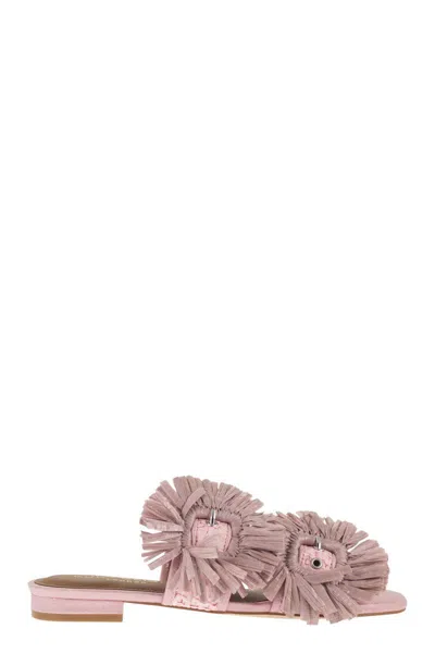 Kurt Geiger London Jewel Flat Sandals In Raffia With Floral Embellishments In Pink