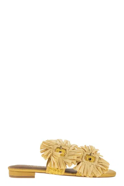 Kurt Geiger London Jewel Flat Sandals In Raffia With Floral Embellishments In Neutral
