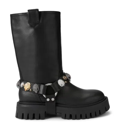 Kurt Geiger London Leather Eagle Harness Biker Boots In Black