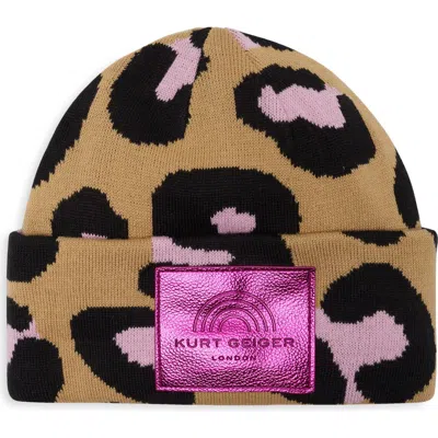 Kurt Geiger London Leopard Cuffed Beanie In Brown
