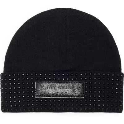 Kurt Geiger London Logo Patch Crystal Cuff Beanie In Black