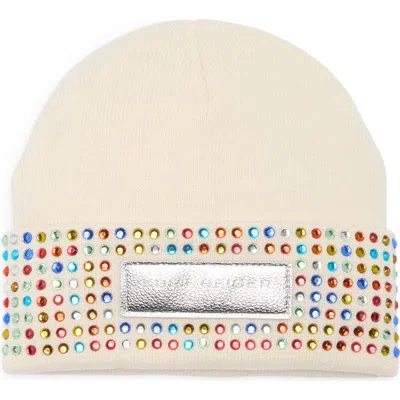 Kurt Geiger London Logo Patch Crystal Cuff Beanie In Neutral