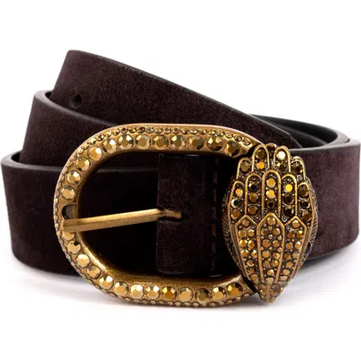 Kurt Geiger London Mayfair Suede Belt In Dark Brown/antique Brass