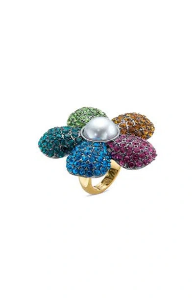 Kurt Geiger London Pavé Crystal & Faux Pearl Flower Cocktail Ring In Multi