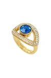 Kurt Geiger Pave & Blue Crystal Evil Eye Cocktail Ring In Gold Tone
