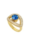 Kurt Geiger Pave & Blue Crystal Evil Eye Cocktail Ring In Gold Tone In Blue