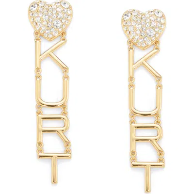 Kurt Geiger London Pavè Heart Kurt Logo Drop Earrings In Gold