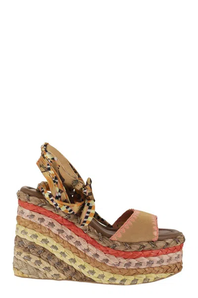 Kurt Geiger London Platform Wedge Sandals With Woven Sole And Printed Ties