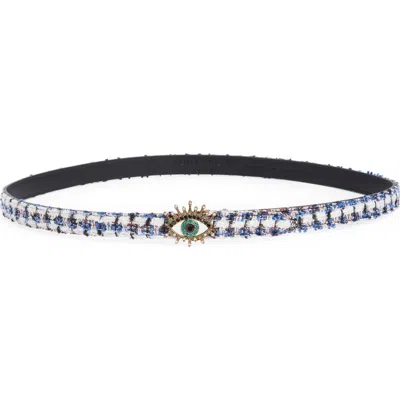 Kurt Geiger London Tweed Evil Eye Buckle Belt In Navy/antique Brass