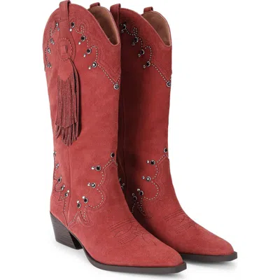 Kurt Geiger London Suede Cowboy Glasto Tassel Boots 50 In Burgundy