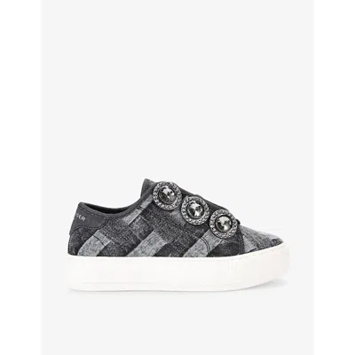 KURT GEIGER WOMENS BLACK LANEY OCTAVIA JEWEL-EMBELLISHED DENIM LOW-TOP TRAINERS EUR 37 / 4 UK