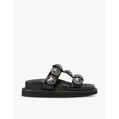 Kurt Geiger London Womens Black Orson Crystal-embellished Flat Leather Sandals