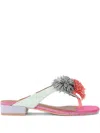 Kurt Geiger Womens Mult/other Pom Pom T-bar Embellished Flat Suede Sandals Eur 37 / 4 Uk