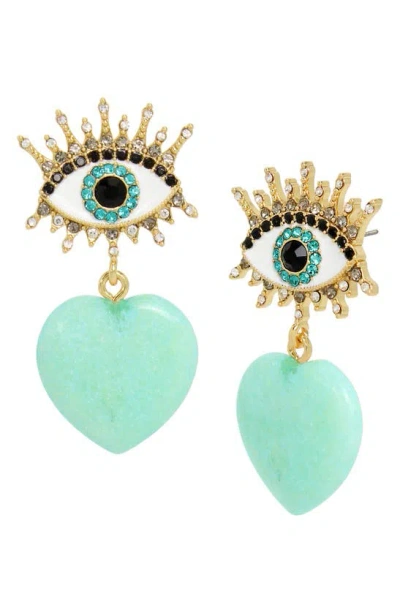 Kurt Geiger Quartz Heart Evil Eye Drop Earrings In Blue/gold