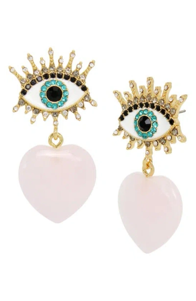 Kurt Geiger Quartz Heart Evil Eye Drop Earrings In Pink/gold