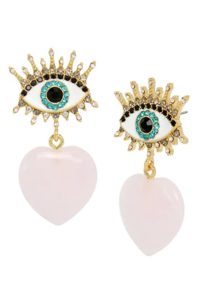 Kurt Geiger Quartz Heart Evil Eye Drop Earrings In Pink