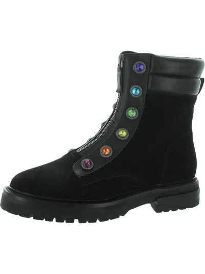 Kurt Geiger Rainbow Bobby Womens Suede Embellished Combat & Lace-up Boots In Black
