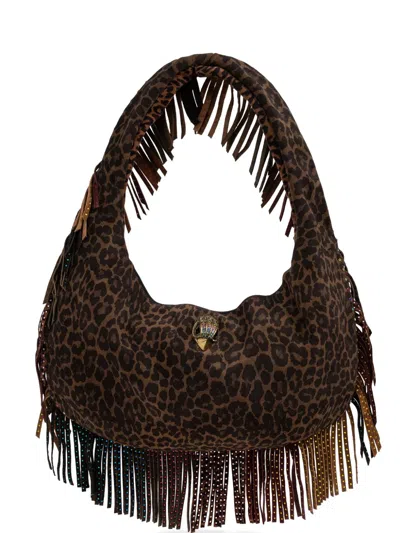 Kurt Geiger Shoreditch Leopard-print Fringed Shoulder Bag In Brown