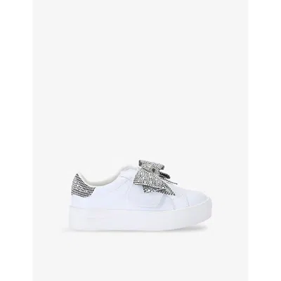 KURT GEIGER MINI LANEY BOW CRYSTAL-EMBELLISHED LEATHER LOW-TOP TRAINERS SILVER COM EUR 36 /3.5 UK