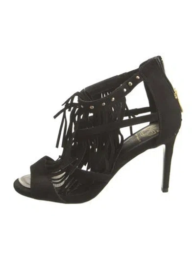 Pre-owned Kurt Geiger Suede Fringe Trim Accent Sandals In Black