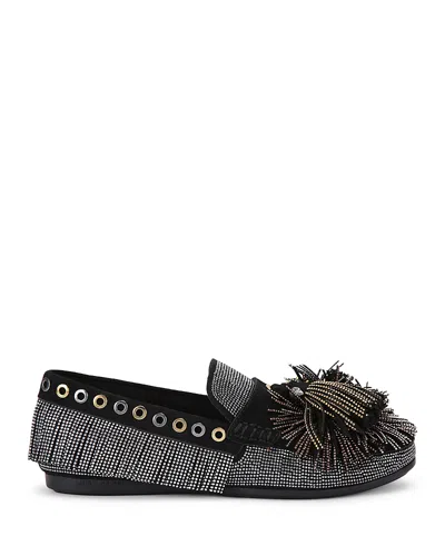 Kurt Geiger Women's Pom Pom Moccasin Fringe Flats In Black