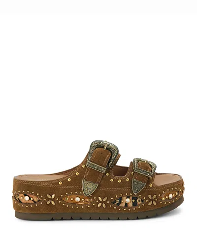Kurt Geiger London Western Buckle Leather Flatform Slide Sandal In Brown