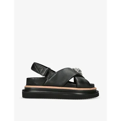 KURT GEIGER WOMENS BLACK ORSON CROSS-STRAP LEATHER FLAT SANDALS EUR 37 / 4 UK